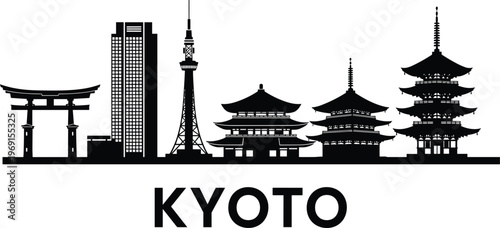 Kyoto skyline silhouettes with temples pagoda torii gate tower Japan city landmark black vector illustration isolated travel architecture design