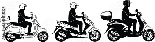 Silhouette collection of scooter riders wearing helmets, urban motorbike transportation set isolated on white background vector illustration for delivery commuting