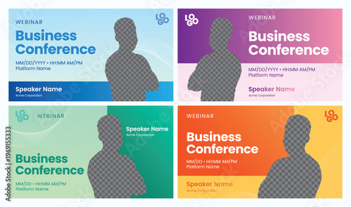 Set of four business webinar banner templates with speaker placeholders. Features clean layouts for conferences, online meetings, and virtual events.