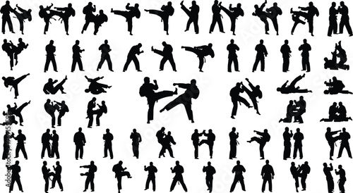 Martial arts fighting silhouettes collection karate kickboxing combat poses training black and white vector illustration sport action set design