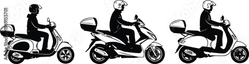 Silhouette set of scooter riders with helmets, modern urban motorbike transportation collection isolated on white background vector illustration design