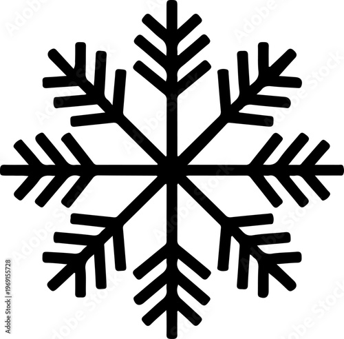 Black snowflake icon, winter decoration symbol, frosty design element, vector graphic