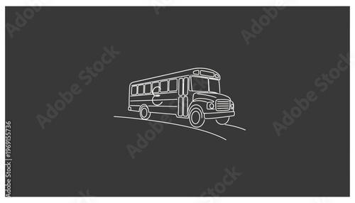 White Line Art School Bus Driving on a Curved Road, Simple Minimalist Design
