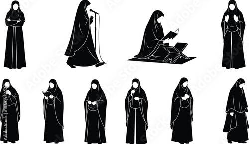 Muslim woman silhouettes praying reading Quran speaking microphone wearing hijab abaya black vector isolated illustration Islamic worship set design