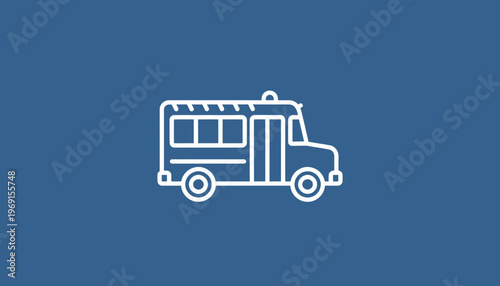 White outline icon of a school bus on a blue background, simple vector illustration