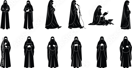 Muslim woman silhouettes praying reading Quran wearing abaya hijab black vector isolated illustration Islamic worship modest fashion set design