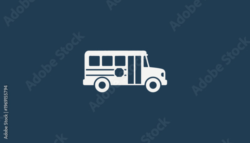 White School Bus Icon Illustration on Dark Blue Background
