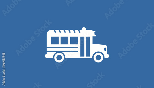 White School Bus Icon on Blue Background, Vector Illustration