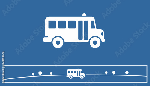 White school bus icon on blue background, stylized landscape with bus and trees below