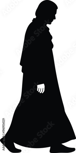 Priest silhouette walking profile holding robe religious clergy black vector isolated illustration spiritual church figure ritual concept design