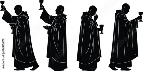 Priest silhouettes performing religious ceremony holding chalice praying black vector isolated illustration clergy worship ritual church set design