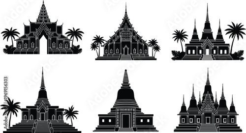 Southeast Asian temple and stupa silhouettes with palm trees traditional architecture black and white vector illustration cultural heritage collection