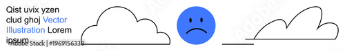 Mental health, emotional state, weather, negative emotions, loneliness, sadness. A blue sad face emotion among outlined cloud shapes. Mental health and emotional state conceptual visualization
