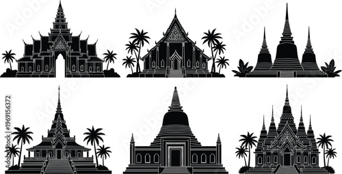 Southeast Asian temple silhouettes collection with pagoda stupas palm trees traditional architecture black and white vector illustration heritage design