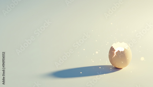 Fragile eggshell fractured, emanating brilliant light, a powerful metaphor for unfolding potential and fresh starts