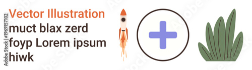 Space exploration, health care, nature conservation, growth, innovation, futuristic design. A rocket, plus symbol green leaves on white. Space exploration and health care concepts