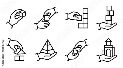 Building blocks line icon set. hands playing with geometric shapes and constructing towers
