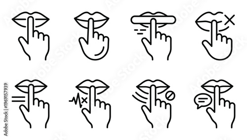 Collection of keep silence icons with finger on lips representing quiet and secret request symbols