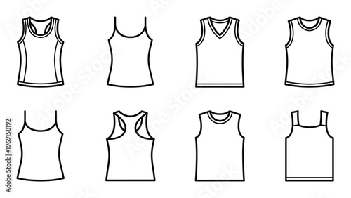 Collection of outline illustrations of various women's tank tops and spaghetti strap tops
