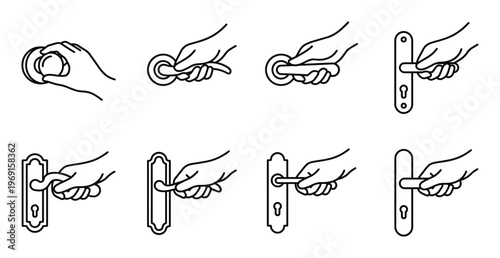Door handle and knob opening icon set with hand gripping various residential hardware lock entrances