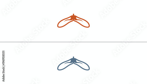 Two stylized maple seeds, one orange, one blue, on white background