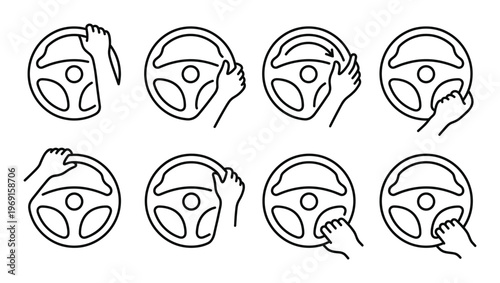 Driving car steering wheel line icons set. hands holding and turning steering wheel