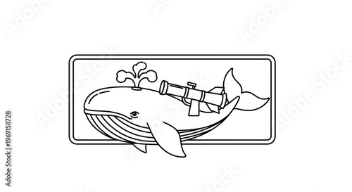 Whimsical Whale with Rocket Launcher - Funny Cartoon Illustration