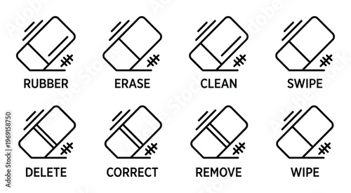Eraser icons with editing text labels for cleaning and removing content in graphic design applications