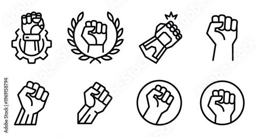 Fist power and revolution line icon set. strength, protest, and solidarity