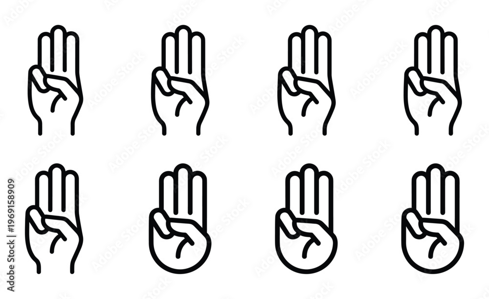 Fototapeta premium Four finger salute icons showing hands with four fingers raised in greeting or recognition
