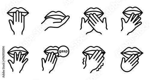 Hand covering mouth icons representing shock surprise or secret concept in linear outline style set