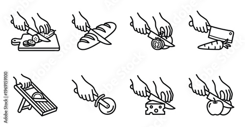 Hand cutting food with knife icon set for vegetable slicing bread dicing and professional meal prep