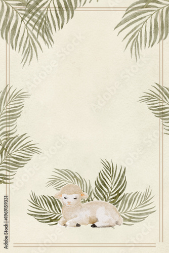 Fotografie Poster template with lamb and palm leaves, hand-painted watercolor, calm Christian composition for Easter design, faith branding, textiles, packaging, stationery, seasonal backgrounds