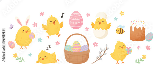 Cute Cartoon Easter Chick Collection with Colorful Eggs Basket Cake and Flowers!