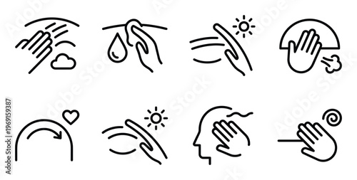 Icons depicting hand gestures related to skin care, sun protection, and cleansing