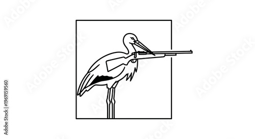 Stork Holding Rifle, Surreal Illustration of Bird with Gun in Mouth, Symbolizing Conflict or Hunting