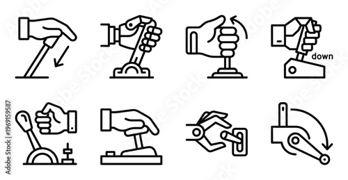 Industrial lever control icon set with hand operating gear shifting and mechanical handle operation