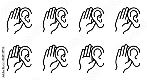 Listening gesture icons with hand cupped behind ear representing eavesdropping and sound perception