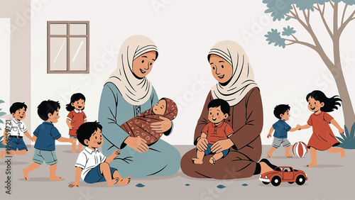 Muslim Family Illustration Showing Mothers with Baby and Children Happily Playing Outdoors