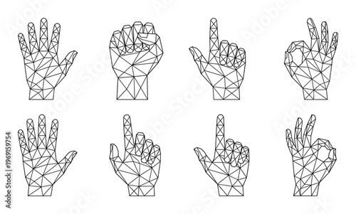 Low poly geometric hand icons set with various gestures including ok sign pointing and open palm art