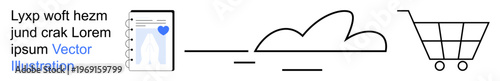 E-commerce, technology, cloud storage, retail, digital transactions, mobile shopping. Digital device, cloud and shopping cart on a white background. E-commerce and technology
