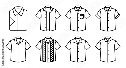 Mens casual short sleeve shirts line icon collection for fashion design and clothing store concept
