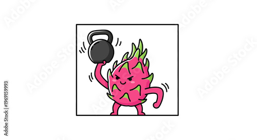 Strong Dragon Fruit Character Lifting Kettlebell, Healthy Lifestyle Concept