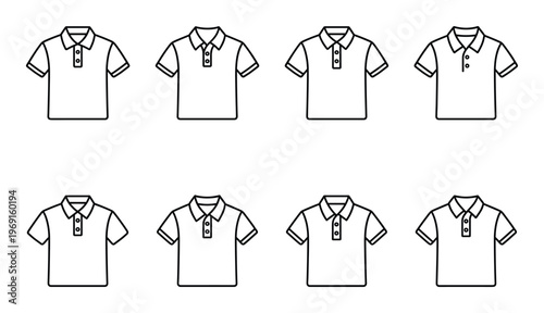 Outline drawings of various short sleeve polo shirts for men and women in different styles