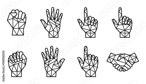 Polygonal hand gestures collection featuring fist open palm pointing finger and handshake line art set