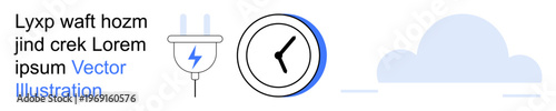 Energy management, time tracking, sustainability, digital solutions, cloud storage, technology. Electric plug, clock and cloud icon. Energy management and time tracking ideas