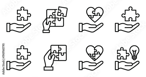 Puzzle pieces in hand line icons. solving problems and creativity concept