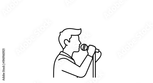 Singer performing on stage with microphone, line art illustration, minimalist style