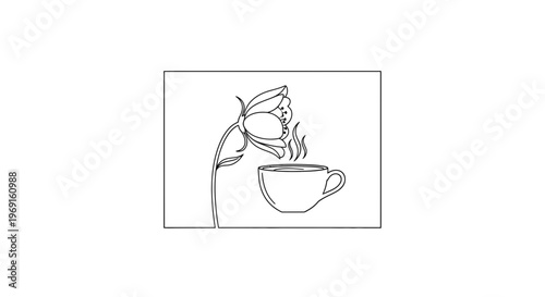 Single Line Drawing of a Blooming Flower and Steaming Coffee Cup