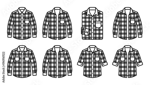 Set of checkered shirts with various sleeve lengths and pocket details in black line art style on gray